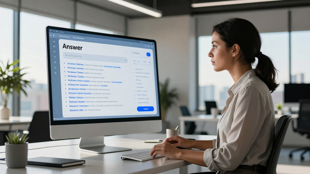 A professional woman interacting with a futuristic AI-driven search interface in a modern office.