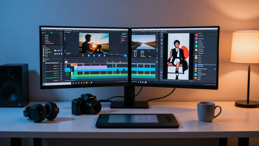 A modern creative workspace with dual monitors showing complex video editing and graphic design software.