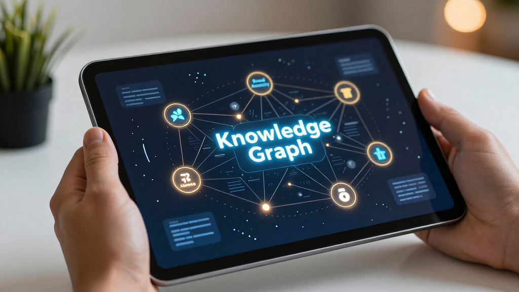 A 3D knowledge graph showing interconnected entities on a tablet screen.