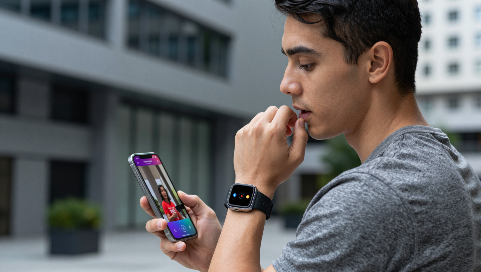 A person using voice search and video content in an urban environment.