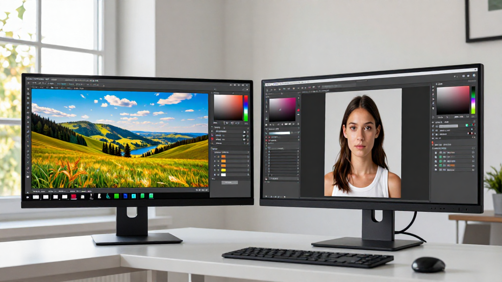 A split view of photo editing software on large monitors.