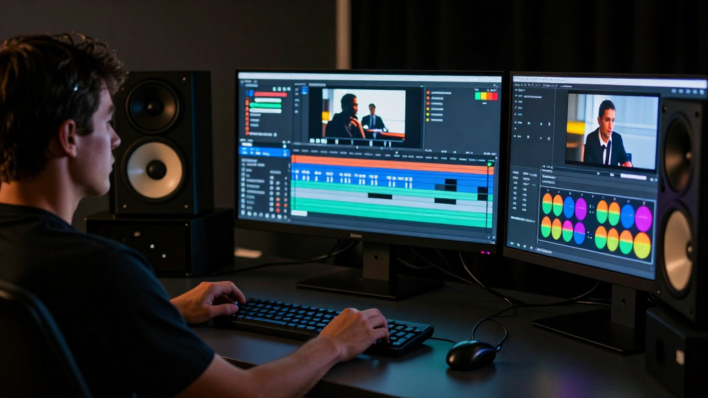 A professional video editing suite with multiple monitors.